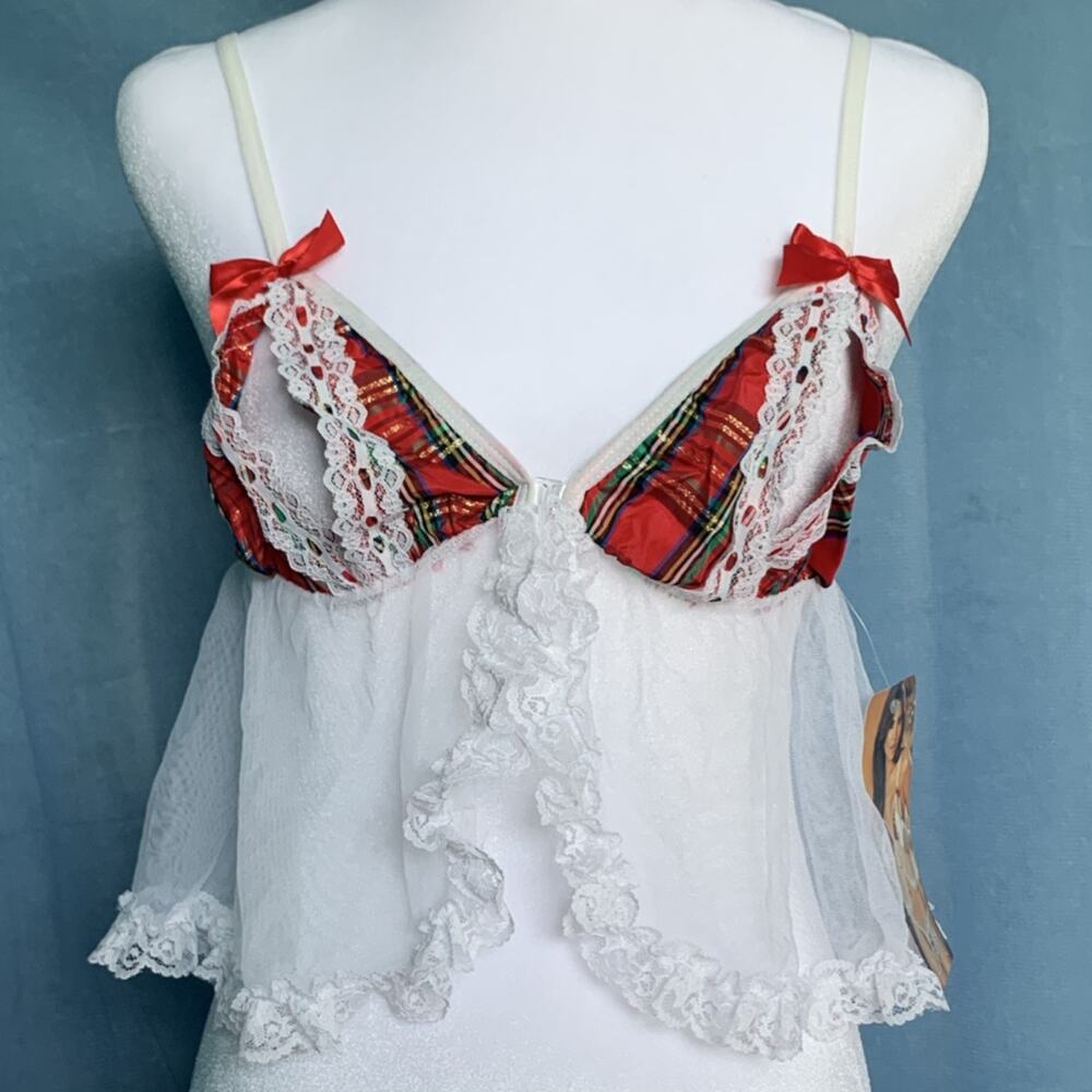Shirley of Hollywood Plaid Lace Sheer Bralette Mesh Bow Adjustable Strap S/M